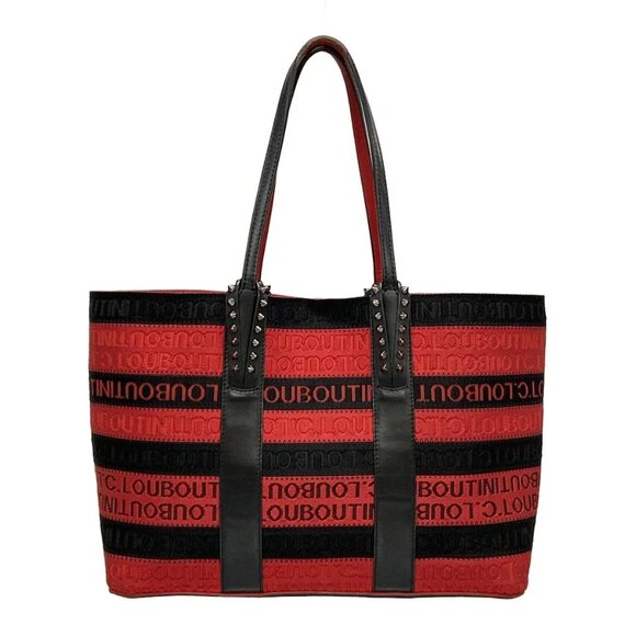 Auth CHRISTIAN LOUBOUTIN Cabata Small Red Black Jacquard Leather Tote Bag - Picture 1 of 16